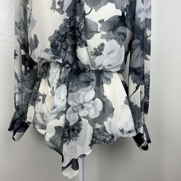 Vince Camuto Blouse Women Extra Small Cream Grey Floral Peplum Long Sleeve - Picture 8 of 14
